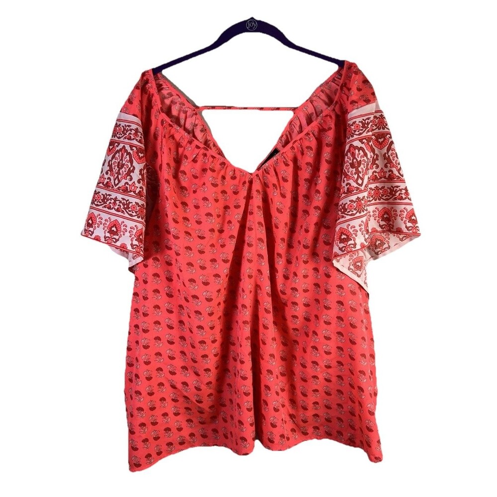 Lane Bryant Women's Floral V-Neck Flutter Sleeve Blouse Size 18/20 Coral Boho